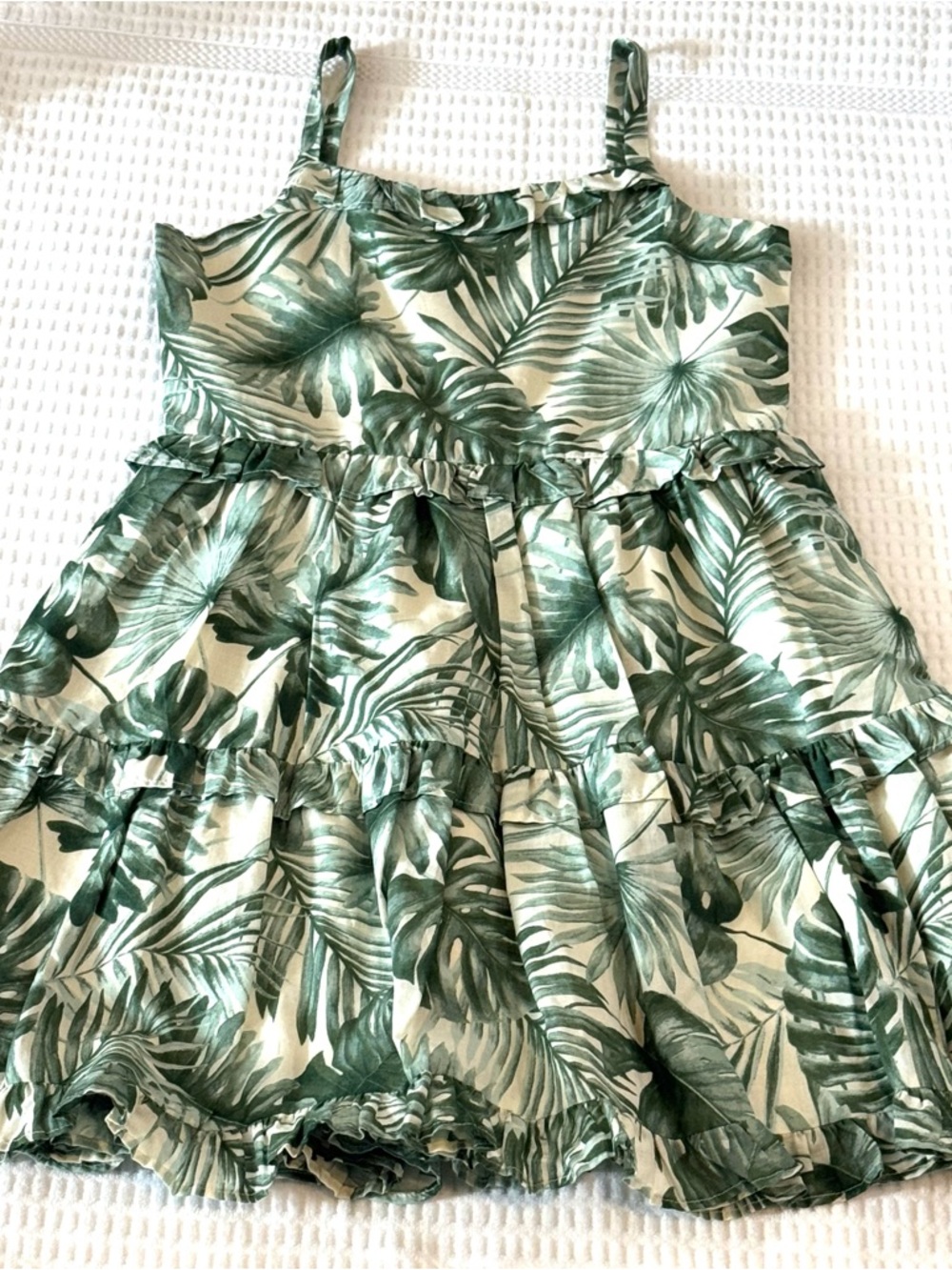 Janie and Jack Cream Dress with Green Tropical Leaf Print
